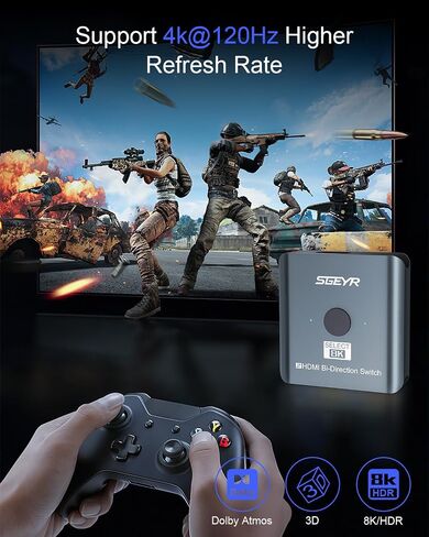 SGEYR HDMI 2.1 Switch, 8K HDMI Switcher 2 in 1 Out,HDMI Switch Selector,Aluminum HDMI Splitter Bi-Directional Ultra HD HDMI Switch,4K@120Hz,8K@60Hz,48Gbps, Compatible with PS5/4,Xbox,Roku (Black) in Kuwait