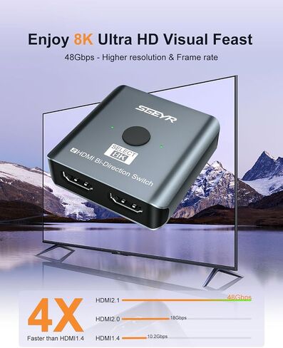 SGEYR HDMI 2.1 Switch, 8K HDMI Switcher 2 in 1 Out,HDMI Switch Selector,Aluminum HDMI Splitter Bi-Directional Ultra HD HDMI Switch,4K@120Hz,8K@60Hz,48Gbps, Compatible with PS5/4,Xbox,Roku (Black) in Kuwait