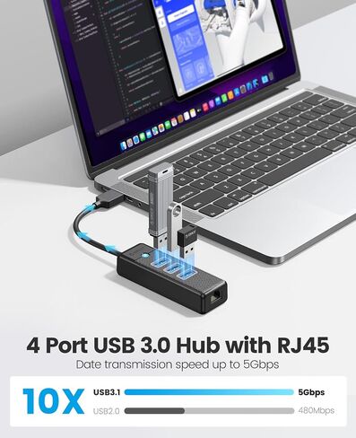 ORICO USB Hub Ethernet, 4 Port USB 3.0 Hub, USB-A to Gigabit Ethernet Adapter with 3 USB 3.0 Hub for Laptop, USB Hub 3.0 with RJ45 10/100/1000 Gigabit -PW3UR-05 (White) in Kuwait