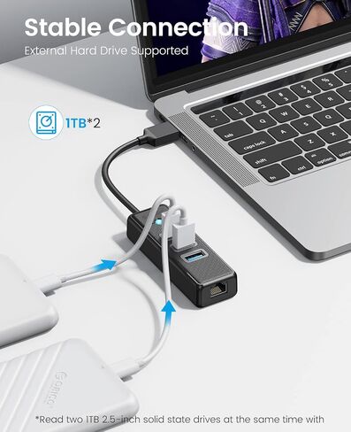 ORICO USB Hub Ethernet, 4 Port USB 3.0 Hub, USB-A to Gigabit Ethernet Adapter with 3 USB 3.0 Hub for Laptop, USB Hub 3.0 with RJ45 10/100/1000 Gigabit -PW3UR-05 (White) in Kuwait