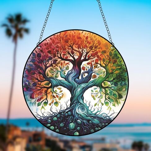 Generic 11.8 Inches Large Tree of Life Acrylic Window Hanging Decor Stained Glass Panels Wall Art Mural for Bedroom Garden Wall Decoration Suncatcher Gift for Mom Grandma Teacher in Saudi Arabia