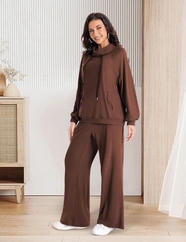 2 Piece Sets for Women 2024 Fall Lounge Outfits Sweatsuit Sets Oversized Sweatshirt Wide Leg Sweatpants Tracksuit in Saudi Arabia