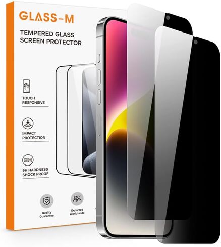 GLASS-M [عبوة من قطعتين] واقي شاشة للخصوصية لهاتف iPhone 14 Pro Max (6.7 بوصة)، طبقة زجاجية مقواة مضادة للتجسس، غطاء شاشة كامل مضاد للظهور، متوافق مع Dynamic Island، درع مضاد لبصمات الأصابع in Kuwait