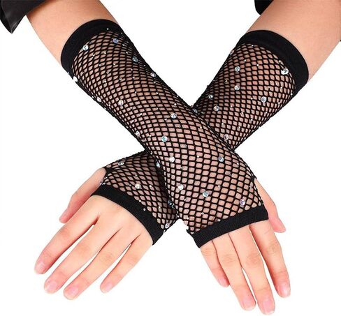 Rhinestone Fingerless Gloves Fishnet Gloves Mesh Elastic Arm Sleeves Theme Party Gloves for Women and Girls in Kuwait