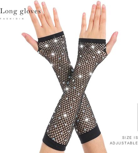 Rhinestone Fingerless Gloves Fishnet Gloves Mesh Elastic Arm Sleeves Theme Party Gloves for Women and Girls in Kuwait