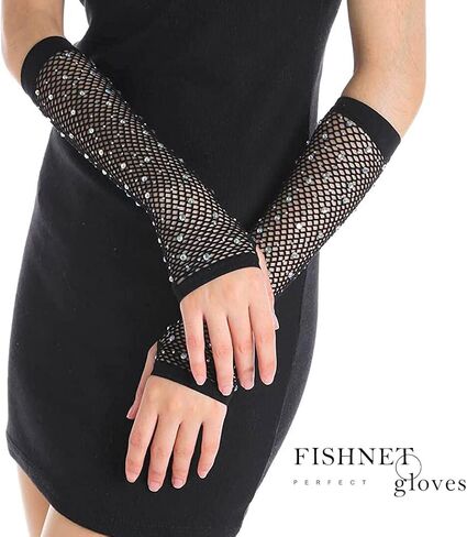 Rhinestone Fingerless Gloves Fishnet Gloves Mesh Elastic Arm Sleeves Theme Party Gloves for Women and Girls in Kuwait