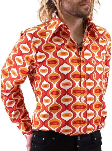 Mens 70s Disco Hip Hop Shirts Casual Button Down Paisley Floral Vintage Long Sleeve Large collar Shirt in Kuwait