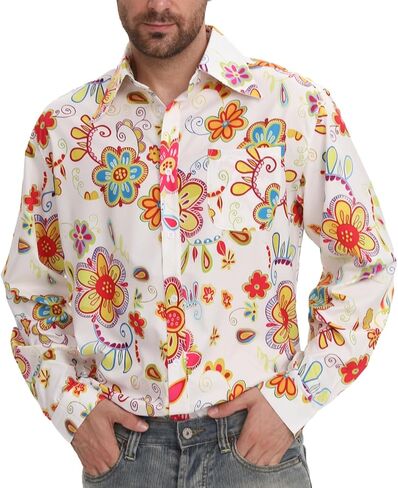 Mens 70s Disco Hip Hop Shirts Casual Button Down Paisley Floral Vintage Long Sleeve Large collar Shirt in Kuwait