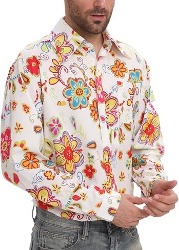 Mens 70s Disco Hip Hop Shirts Casual Button Down Paisley Floral Vintage Long Sleeve Large collar Shirt in Kuwait