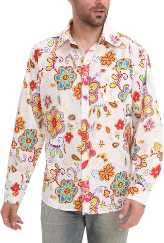 Mens 70s Disco Hip Hop Shirts Casual Button Down Paisley Floral Vintage Long Sleeve Large collar Shirt in Kuwait