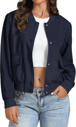 luvamia Bomber Jackets for Women Fall Casual Button Down Long Sleeves Trendy Varsity Jacket Outerwear Coat with Pockets in Kuwait