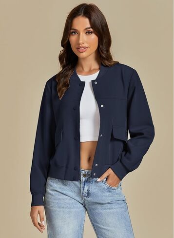 luvamia Bomber Jackets for Women Fall Casual Button Down Long Sleeves Trendy Varsity Jacket Outerwear Coat with Pockets in Kuwait