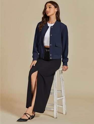 luvamia Bomber Jackets for Women Fall Casual Button Down Long Sleeves Trendy Varsity Jacket Outerwear Coat with Pockets in Kuwait