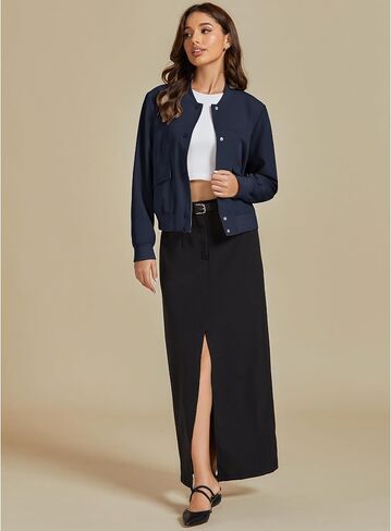 luvamia Bomber Jackets for Women Fall Casual Button Down Long Sleeves Trendy Varsity Jacket Outerwear Coat with Pockets in Kuwait