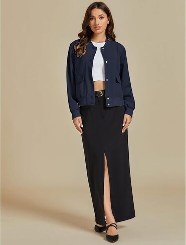 luvamia Bomber Jackets for Women Fall Casual Button Down Long Sleeves Trendy Varsity Jacket Outerwear Coat with Pockets in Kuwait