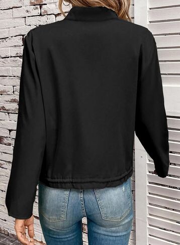 EVALESS Womens Zip Up Jacket Roll Tab Sleeve Shacket Flap Pocket Drawstring Hem Lightweight Coat in Saudi Arabia