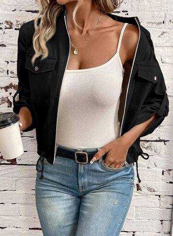 EVALESS Womens Zip Up Jacket Roll Tab Sleeve Shacket Flap Pocket Drawstring Hem Lightweight Coat in Saudi Arabia