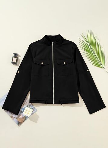 EVALESS Womens Zip Up Jacket Roll Tab Sleeve Shacket Flap Pocket Drawstring Hem Lightweight Coat in Saudi Arabia