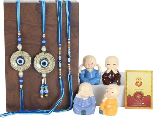 TIED RIBBONS Rakhi for Brother and Bhabhi and Bhatija | Rakhi for Bhatija (Set of 2) | Buddha Monk Statue Set of 4 | Mini Card | Roli Tikka - Bhai Bhabhi Rakhi Set | Lumba Rakhi for Bhabhi in Saudi Arabia
