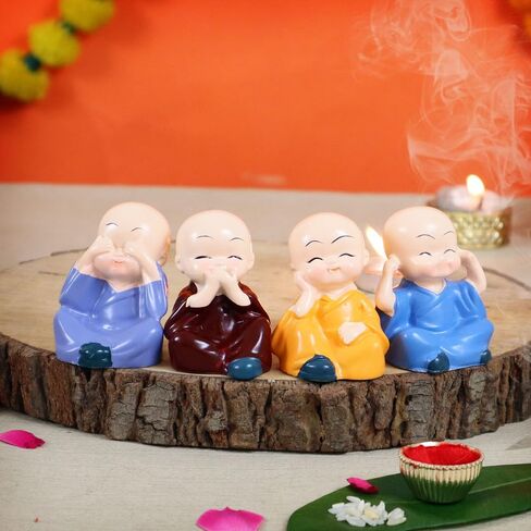 TIED RIBBONS Rakhi for Brother and Bhabhi and Bhatija | Rakhi for Bhatija (Set of 2) | Buddha Monk Statue Set of 4 | Mini Card | Roli Tikka - Bhai Bhabhi Rakhi Set | Lumba Rakhi for Bhabhi in Saudi Arabia