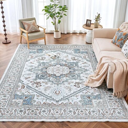 ROCYJULIN 5x7 Area Rugs for Living Room, Faux Wool Area Rugs 5x7 for Bedroom, Low-Pile 5x7 Area Rugs with Non-Slip TPR Backing, 5 x 7 Washable Carpet for High Traffic, Grey & Blue in Saudi Arabia