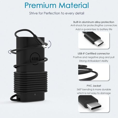Replacement for Dell Latitude 5520 Charger, 65w USB C Laptop Charger for Dell Latitude 7400 7420 7430 5420 7370 7390 2-in-1 7410 5530 5320 5330 ha65nm170 la65nm190 Type C Power Adapter in Kuwait