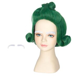 Kids Short Wavy Green Wig with White Eyebrows for Child Halloween Party