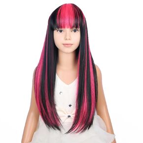 Long Straight Black Wig for Kids Child Black Mixed Pink Wig with Bangs Girls Long Synthetic Wig with Wig Cap