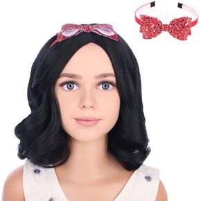 Short Black Wig for Kids Curly Wig with Headband Child Girls Middel Part Natural Black Synthetic Wig with Wig Cap