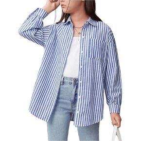 Floerns Girl's Striped Print Long Sleeve Shirts Tops Pocket Button Down Blouses