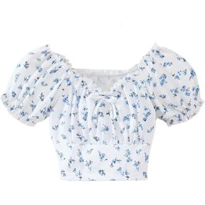 Girls' Puff Sleeve Crop Top for Little Girls - Floral/White