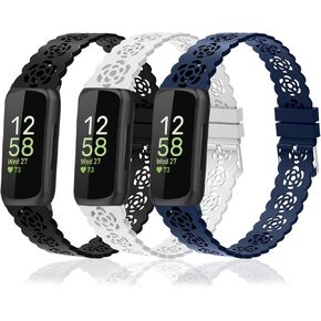 Nigaee 3 Pack Lace Silicone Bands Compatible with Fitbit Inspire 3/Inspire 2/Inspire HR/Inspire,Adjustable Breathable Replacement Straps Soft Slim Silicone Wristbands for Women Men