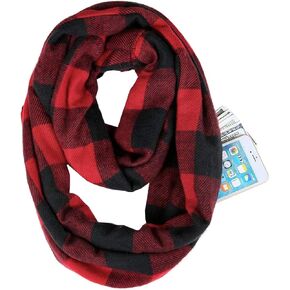 Winter Plaid Infinity Scarf with Hidden Zipper Pocket Fashion Travel Scarf for Women and Men