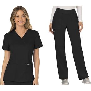 Cherokee Scrub Set For Women, Modern Classic Fit Mock Wrap Top WW610 With Mid Rise, Straight Leg Pant WW110, Black- M Top/M Petite Pant