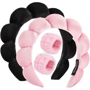 puffy Spa Headbands & Wristband Set,4pack Makeup Headband, Face Wash Headband, Skincare Headbands, Sponge Hair Band Bow Tie Spa Headband for Washing Face Wristband Set Hair Accessories for Women Gifts in Kuwait