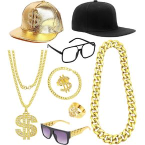 Hip Hop Costume 80s 90s Outfit for Men Dollar Sign Necklace Fake Gold Chain Bracelet Money Chain Rapper Accessories