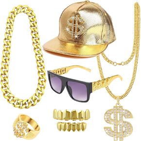 WAINIS Hip Hop Costume Kit 80s 90s Accessories Outfit for Men Rapper Sunglasses Gold Chain Dollar Necklace Ring