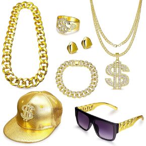 80s 90s Hip Hop Costume Kit Faux Gold Chain Dollar Sign Ring Necklace Cap Jewelry Set Old School Rapper Accessories