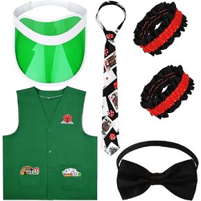 6 Pcs Casino Dealer Costume Set Dealing Visor Hat Vest Bowtie Armband Poker Necktie for Adults Las Vegas Game Night Party