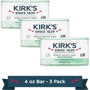 Kirk's Castile Bar Soap Clean Soap for Men, Women & Children | Premium Coconut Oil | Sensitive Skin Formula, Vegan | Soothing Aloe Vera | 4 oz. Bars - 3 Pack