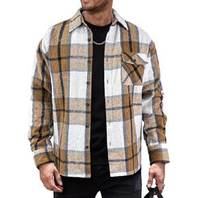Mens Flannel Shirts Shackets Casual Button Down Long Sleeve Plaid Shirt Lightweight Jackets with Pockets