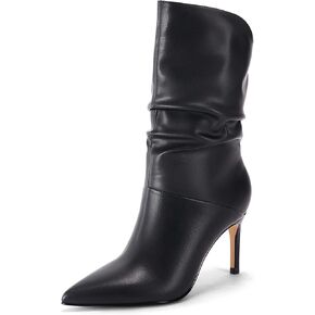 Coutgo Womens Mid Calf Slouchy Boots Stiletto High Heel Leather Pointed Toe Pull on Sexy Dress Booties