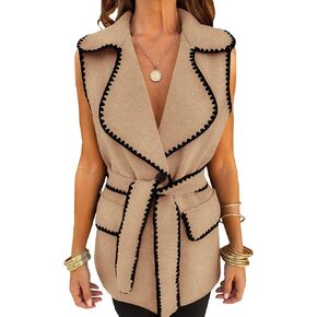PRETTYGARDEN Women's 2024 Fall Tweed Vest Jackets Sleeveless Lapel Button Front Belt Color Block Winter Cardigan Outerwear