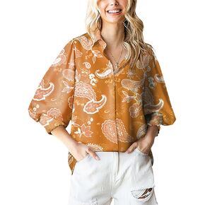 AELSON Women's Casual Boho Tops Floral Print V Neck Long Sleeve Blouse Button Down Shirts