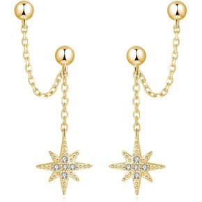 SLUYNZ 925 Sterling Silver Double Piercing Earrings Crawler Cuff for Women Teen Girls Double Holes Earrings Wrap Star Dangle Cartilage Helix Piercing Earrings