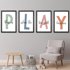 This Is Where The Fun Stuff Happens Kids Playroom Wall Art Decor 16x24 Inch Set Of 4 Rustic Kids Wood Framed Sign Toddler Modren Nursery Interesting Let's Play Prints Wall Hanging (White)