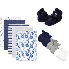 Bundle of Burt's Bees Baby - Burp Cloths, 5-Pack+ Burt's Bees Baby unisex baby Booties, Burt's Bees Baby Unisex Baby Mittens, No-scratch Mitts, 100% Organic Cotton, Set of 3 Gloves, Midnight