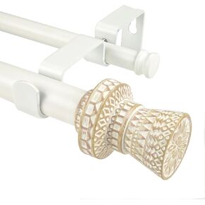 Modern Boho Style Single Curtain Rod Set with Round Carved Finial, 36-72 inch, Standard Double White Drapery Rod for 1 Pack, 1 inch diameter, Adjustable Length