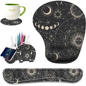 Keyboard Wrist Rest Pad Ergonomic Mouse Pad Set,Non-Slip PU Base for Laptop, Home, Gaming, Office,Matching Elephant Pen Holder and Cup Coaster(Starry Night)