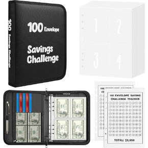 100 Envelopes Money Saving Challenge，Fireproof Savings Challenges Book with Envelopes,Saving Challenge Binder with Zipper,Easy and Fun Way to Save $5,050